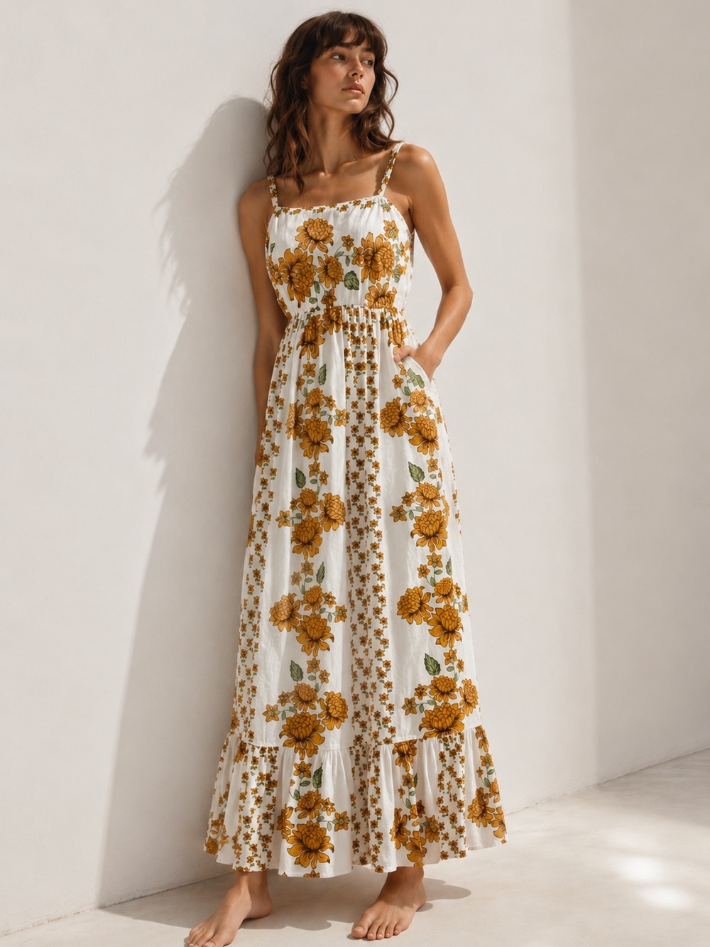 Floral Midi-to-MaxI Dress with Smocked Bodice in White and Mustard